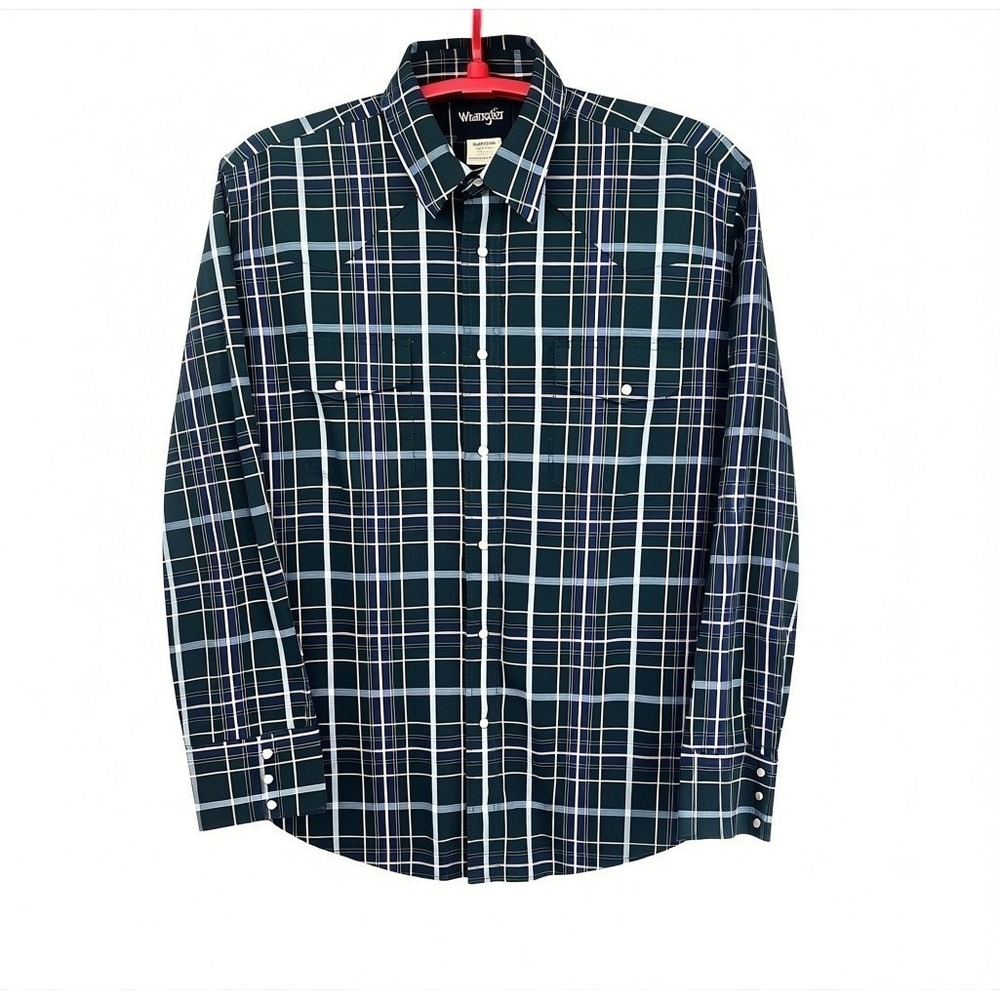 Wrangler Mens XL‎ Green/Blue Plaid Pearl Snap Western Shirt Vintage